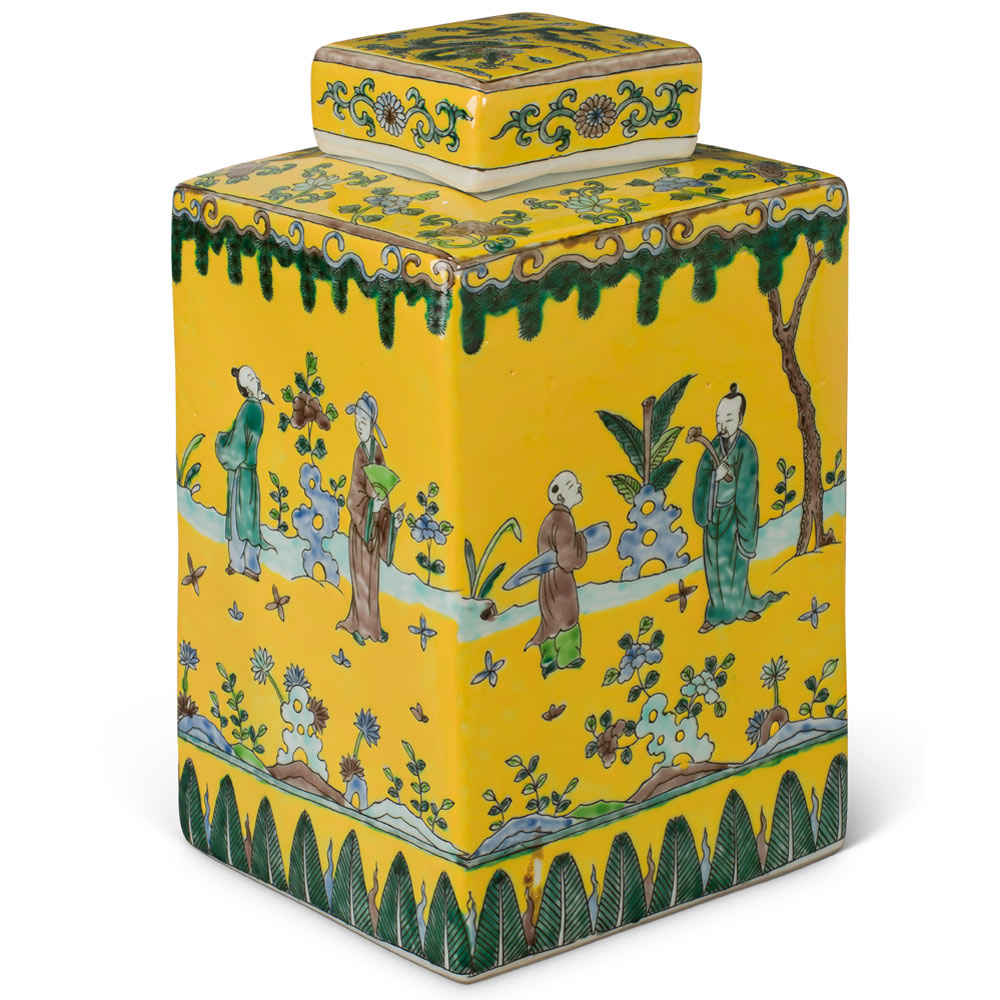 Light Yellow Chinese Square Porcelain Tea Jar with Figurine Motif