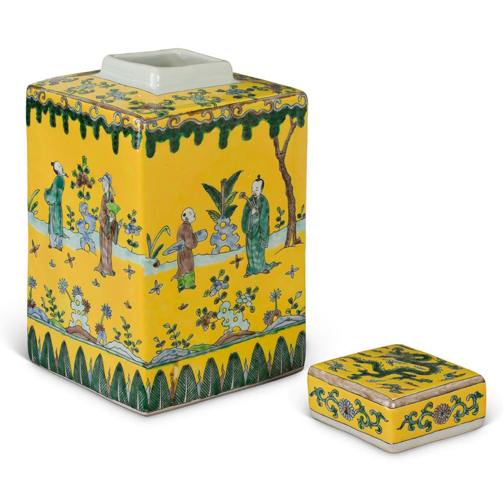 Light Yellow Chinese Square Porcelain Tea Jar with Figurine Motif