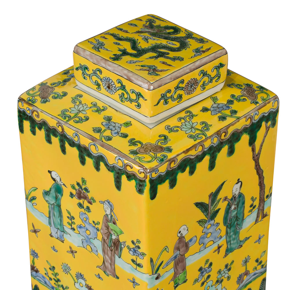 Light Yellow Chinese Square Porcelain Tea Jar with Figurine Motif