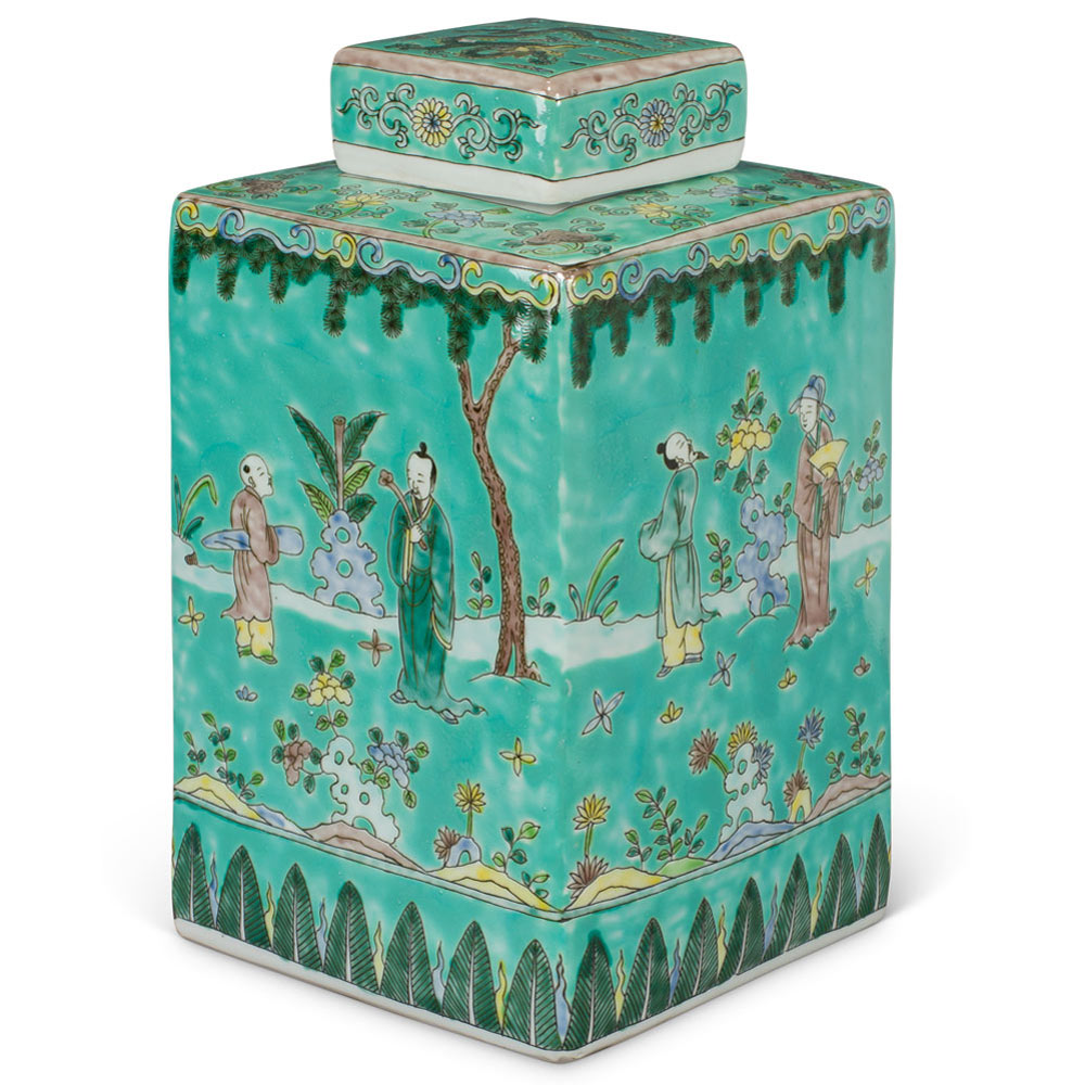 Light Turquoise Chinese Square Porcelain Tea Jar with Figurine Motif