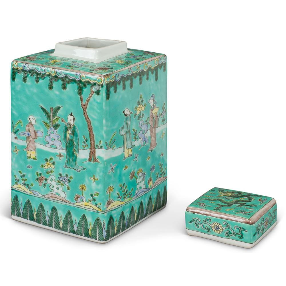 Light Turquoise Chinese Square Porcelain Tea Jar with Figurine Motif