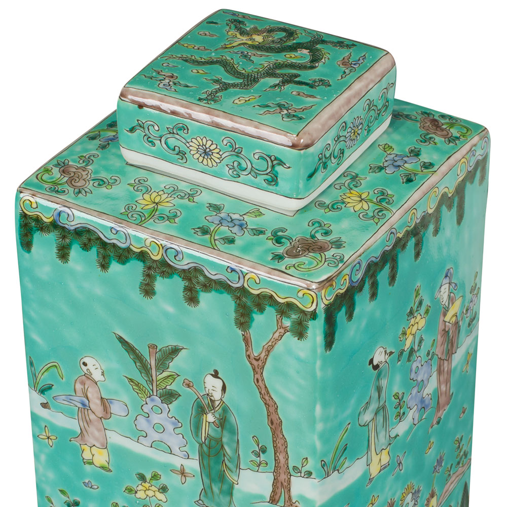 Light Turquoise Chinese Square Porcelain Tea Jar with Figurine Motif