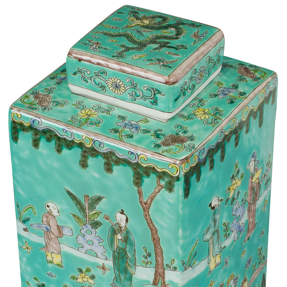 Light Turquoise Chinese Square Porcelain Tea Jar with Figurine Motif