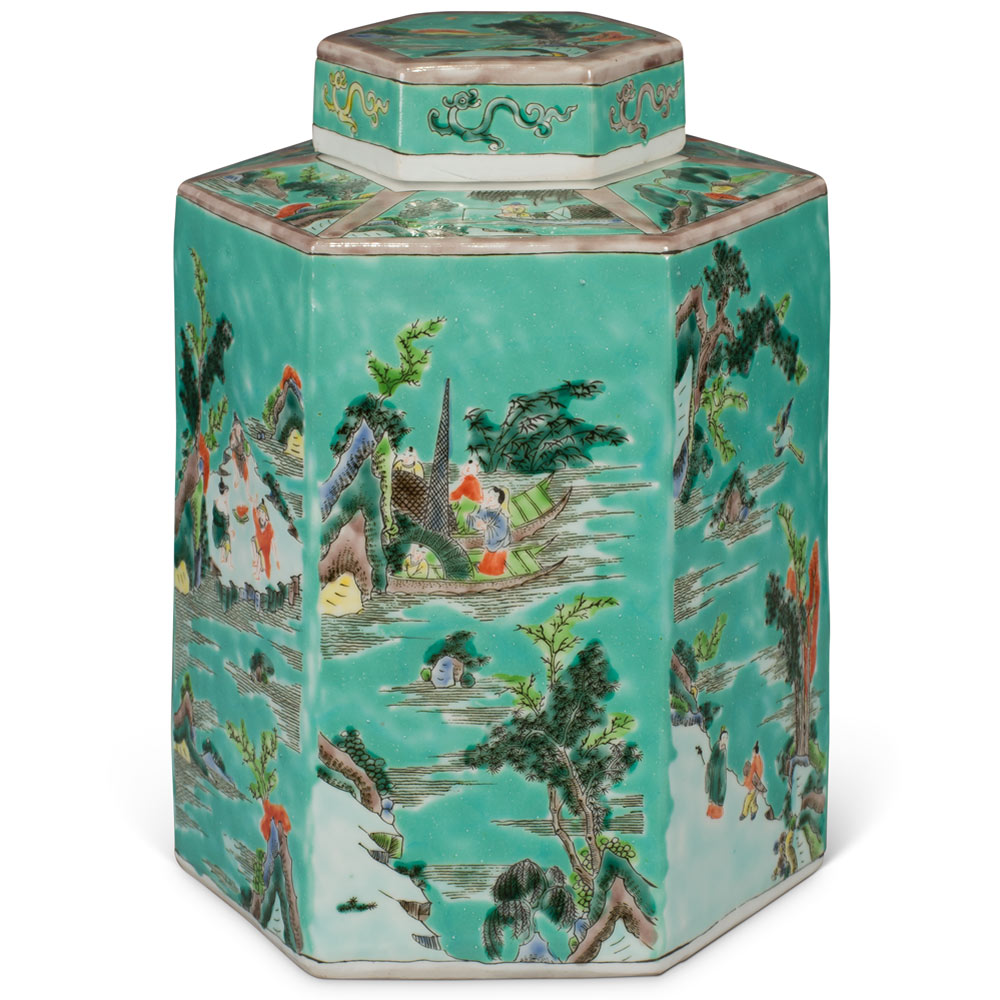 Light Turquoise Chinese Hexagon Porcelain Tea Jar with Figurine Motif
