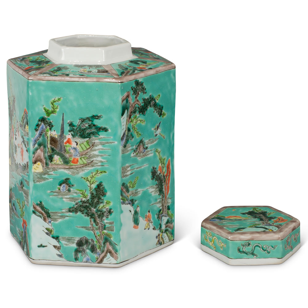 Light Turquoise Chinese Hexagon Porcelain Tea Jar with Figurine Motif