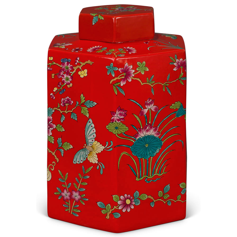 Red Chinese Hexagon Porcelain Tea Jar with Lotus and Butterfly Motif