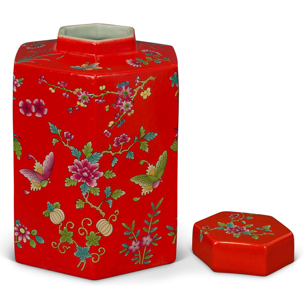 Red Chinese Hexagon Porcelain Tea Jar with Lotus and Butterfly Motif