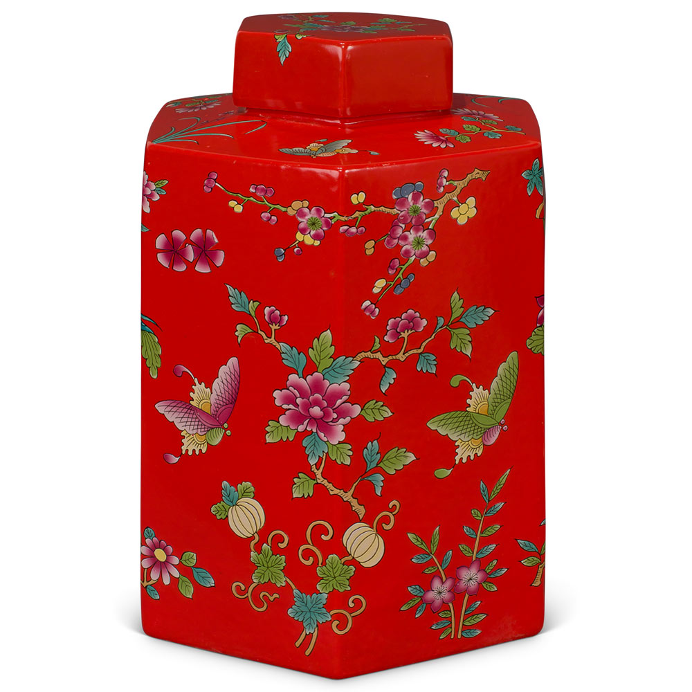 Red Chinese Hexagon Porcelain Tea Jar with Lotus and Butterfly Motif