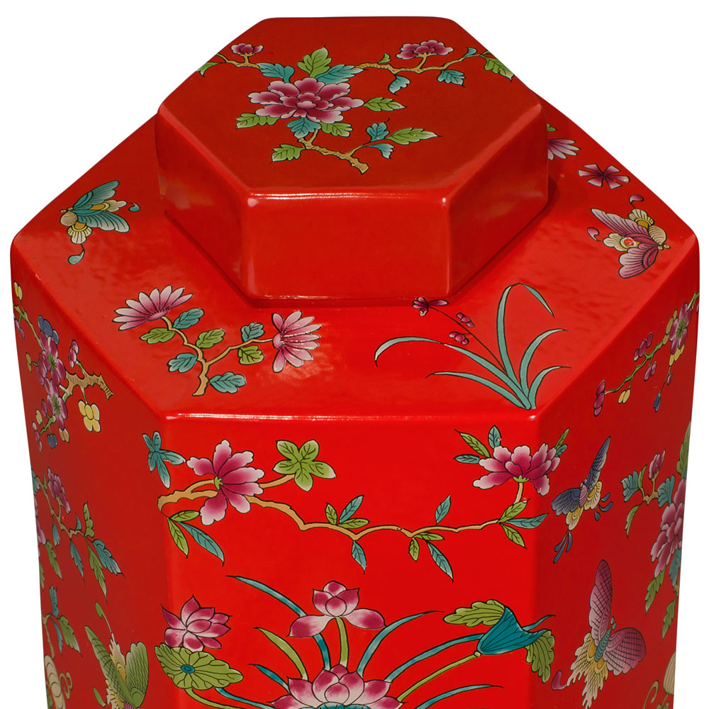 Red Chinese Hexagon Porcelain Tea Jar with Lotus and Butterfly Motif