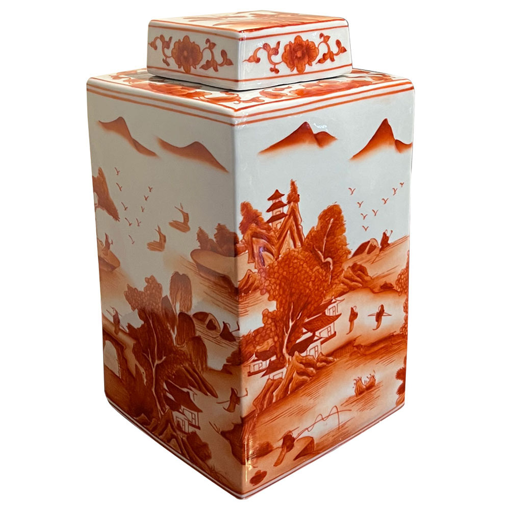 Red Orange Porcelain Scenery Chinese Tea Jar