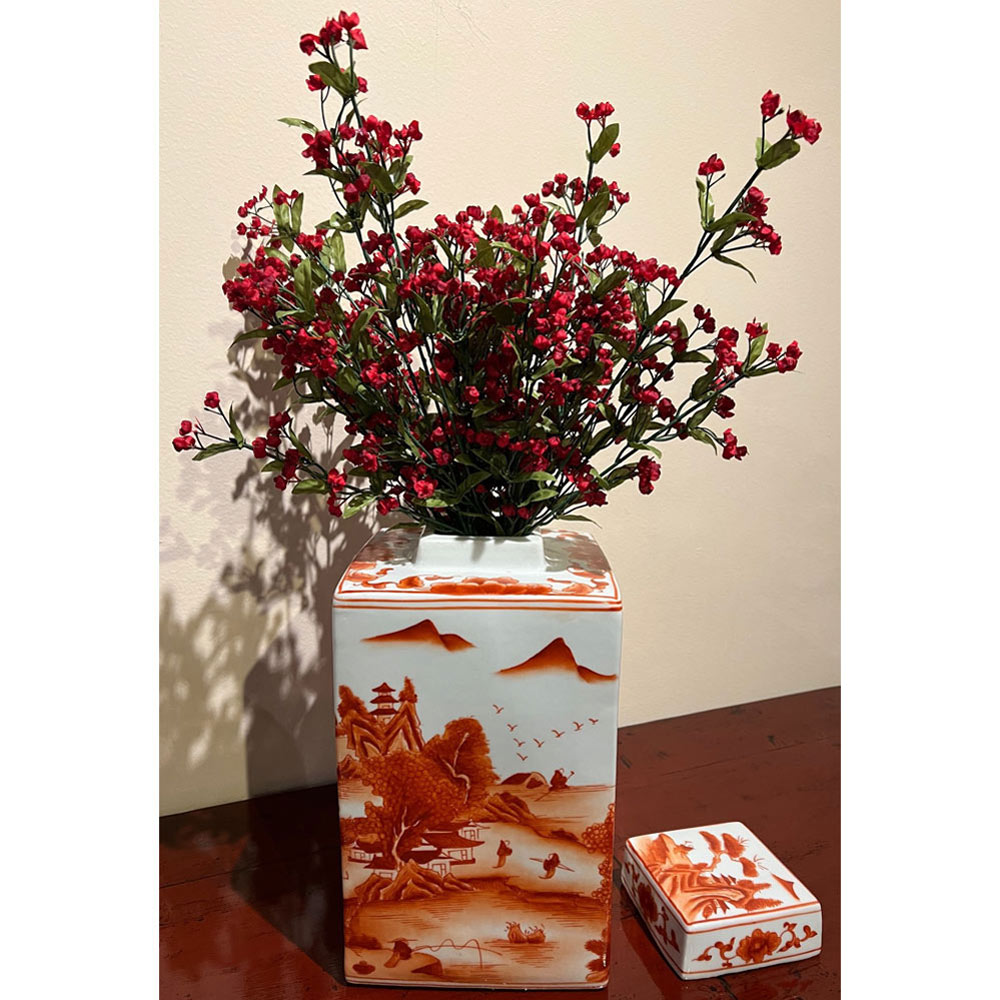 Red Orange Porcelain Scenery Chinese Tea Jar