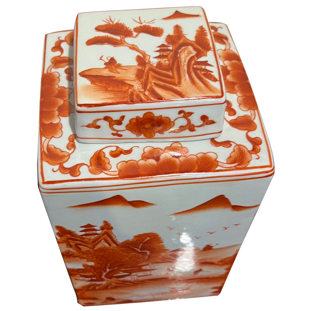 Red Orange Porcelain Scenery Chinese Tea Jar