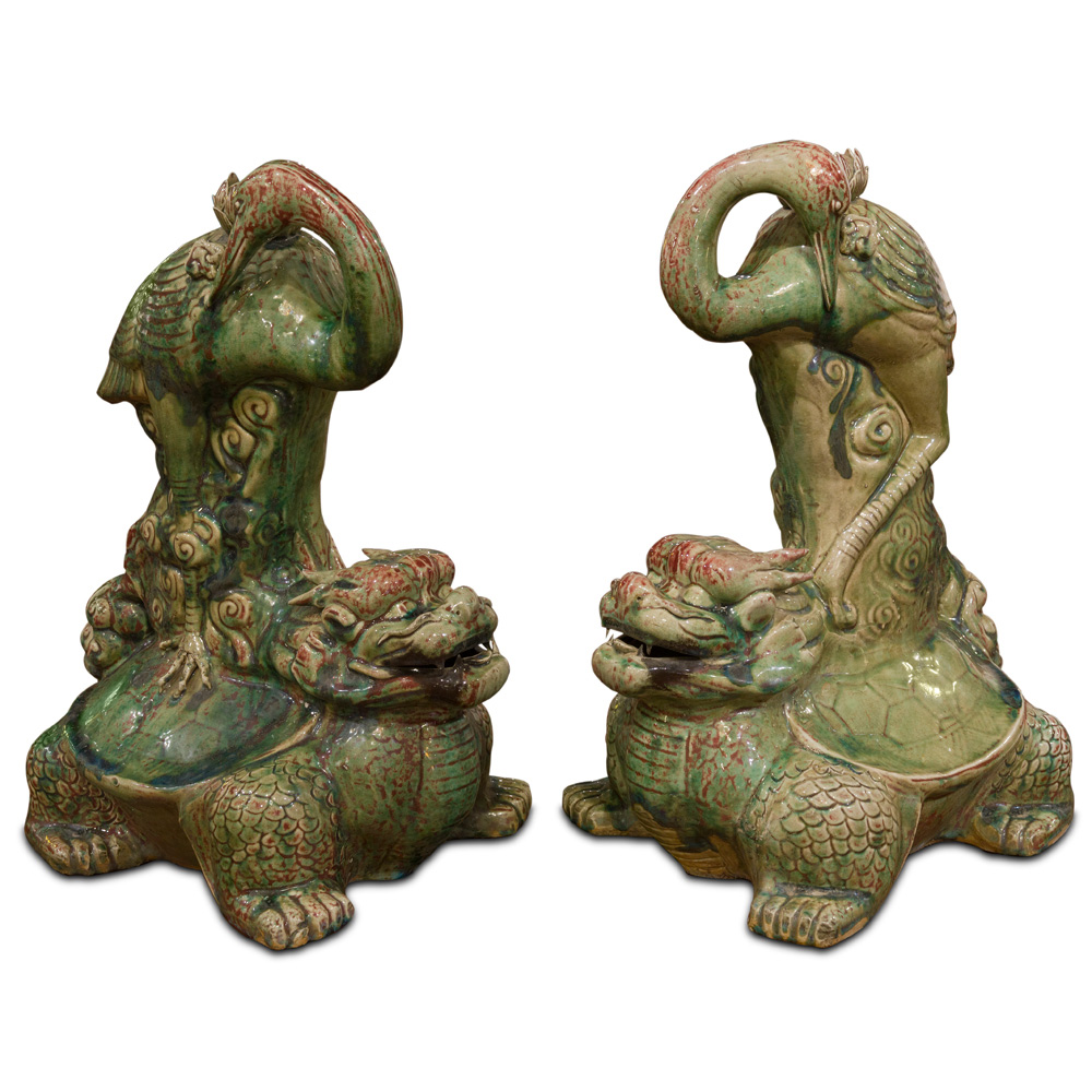 Porcelain Turtle Dragon and Crane Oriental Figurine Set