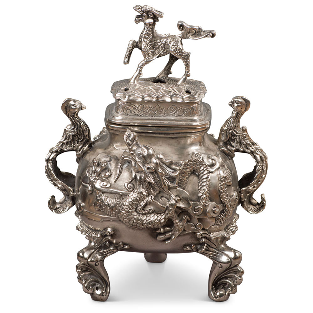 Silver Plated Incense Burner with Chinese Legendary Creatures