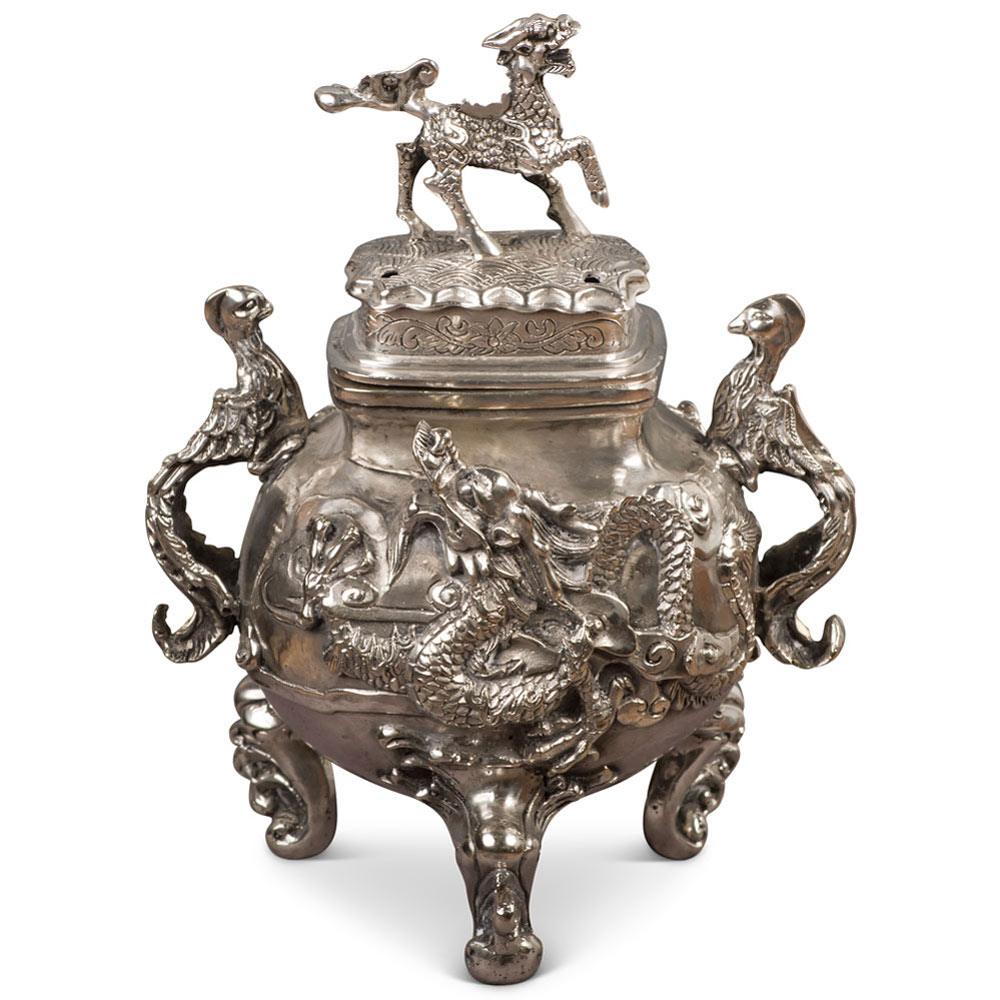 Silver Plated Incense Burner with Chinese Legendary Creatures