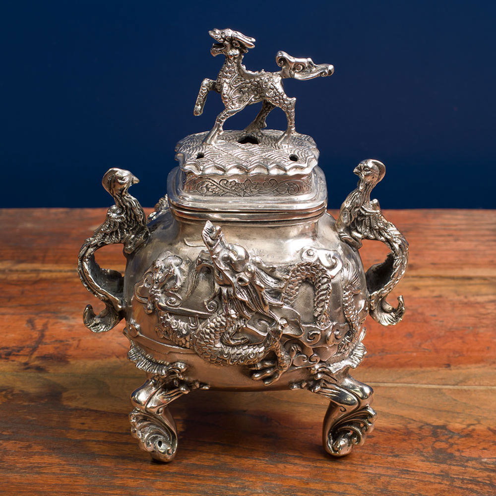 Silver Plated Incense Burner with Chinese Legendary Creatures