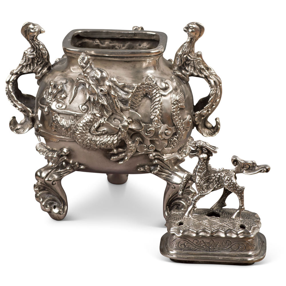 Silver Plated Incense Burner with Chinese Legendary Creatures