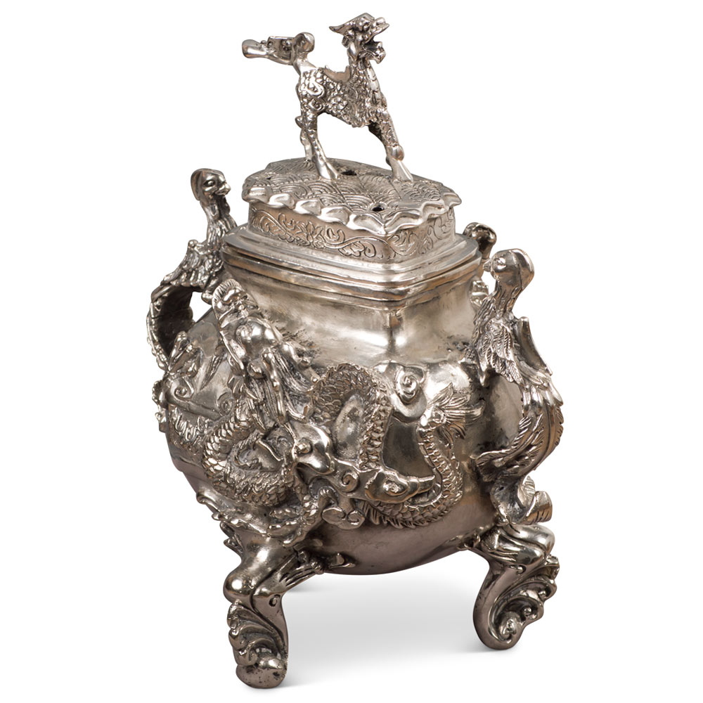 Silver Plated Incense Burner with Chinese Legendary Creatures