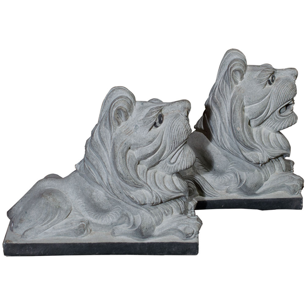 11 Inch Stone Chinese Lion Couchant Statue Set