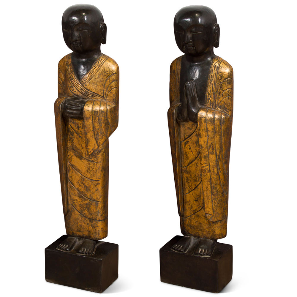 Hand Carved Black Stone Standing Monks with Gold Robe Asian Statues Set - with FREE Inside Delivery