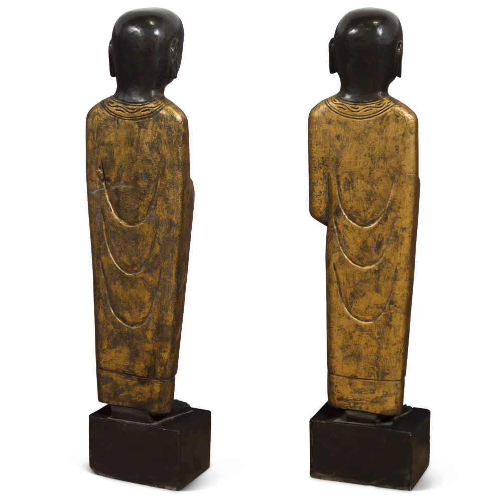 Hand Carved Black Stone Standing Monks with Gold Robe Asian Statues Set - with FREE Inside Delivery