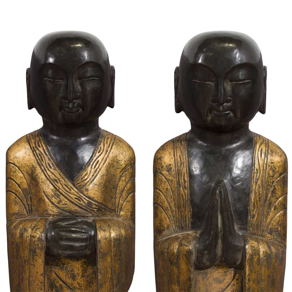 Hand Carved Black Stone Standing Monks with Gold Robe Asian Statues Set - with FREE Inside Delivery