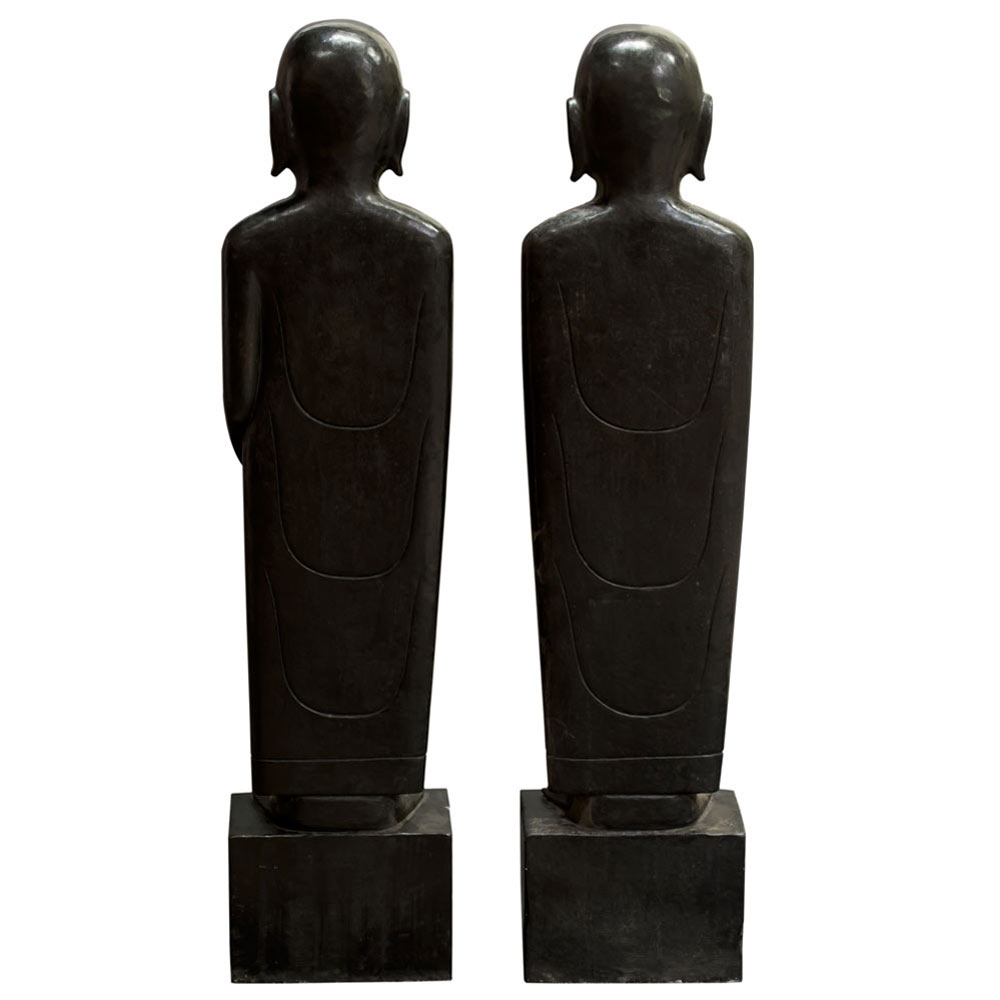 Hand Carved Standing Black Stone Monk Chinese Statue Set - with FREE Inside Delivery