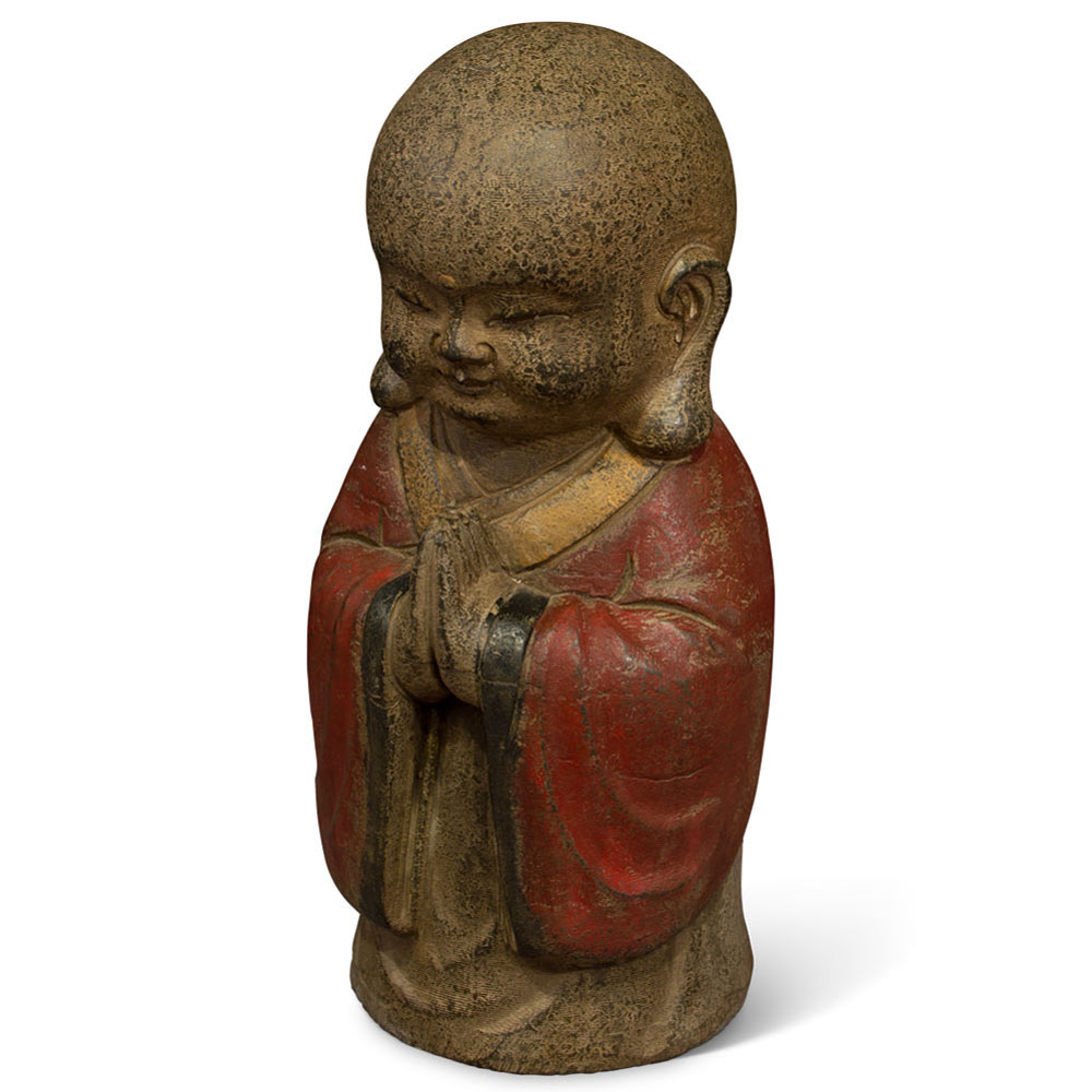 Chinese Stone Statue of Shaolin Monk in Red Robe