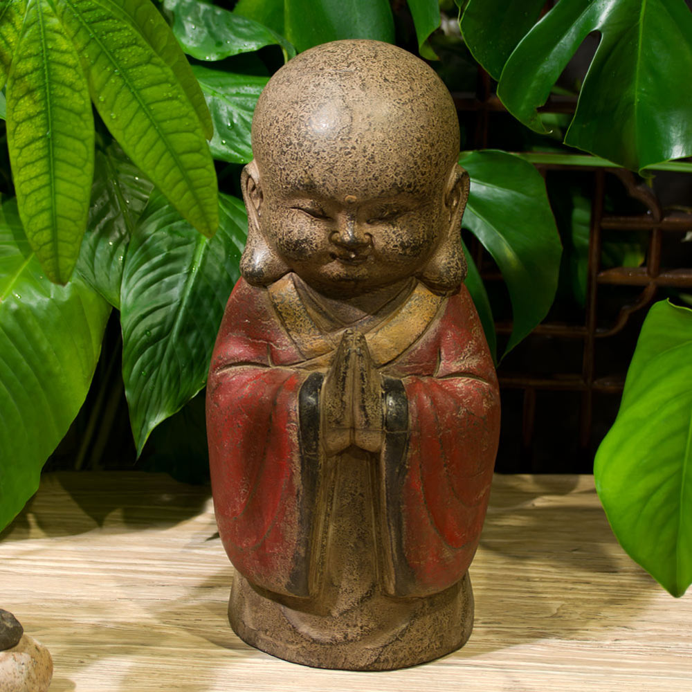 Chinese Stone Statue of Shaolin Monk in Red Robe