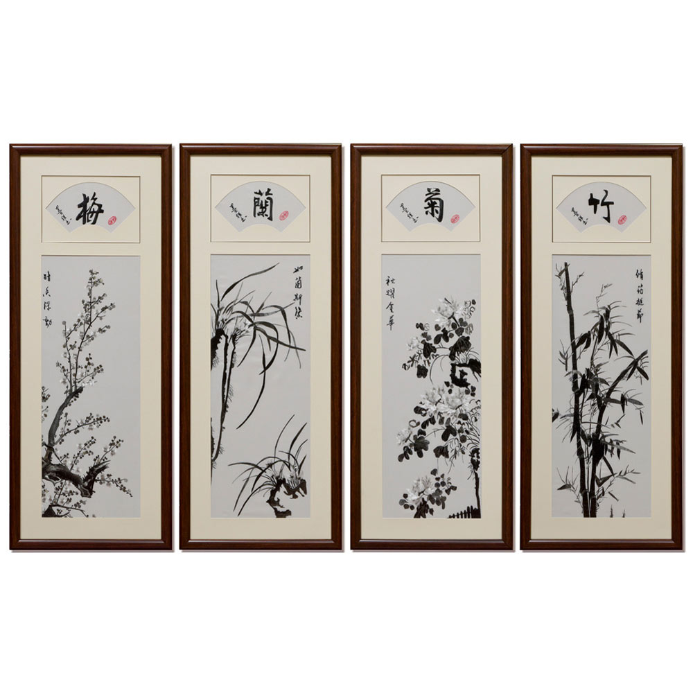 Chinese Silk Embroidery of Monochrome Four Season Flowers