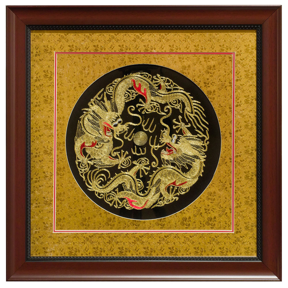 Silk Embroidery of Two Dragons with Gold Mat