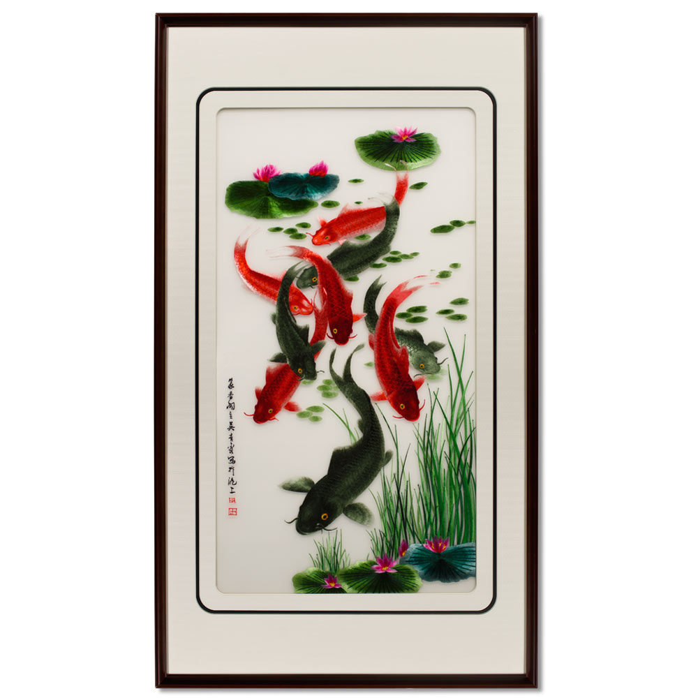 Vertical Chinese Silk Embroidery of Nine Koi Fish and Lotus Flowers