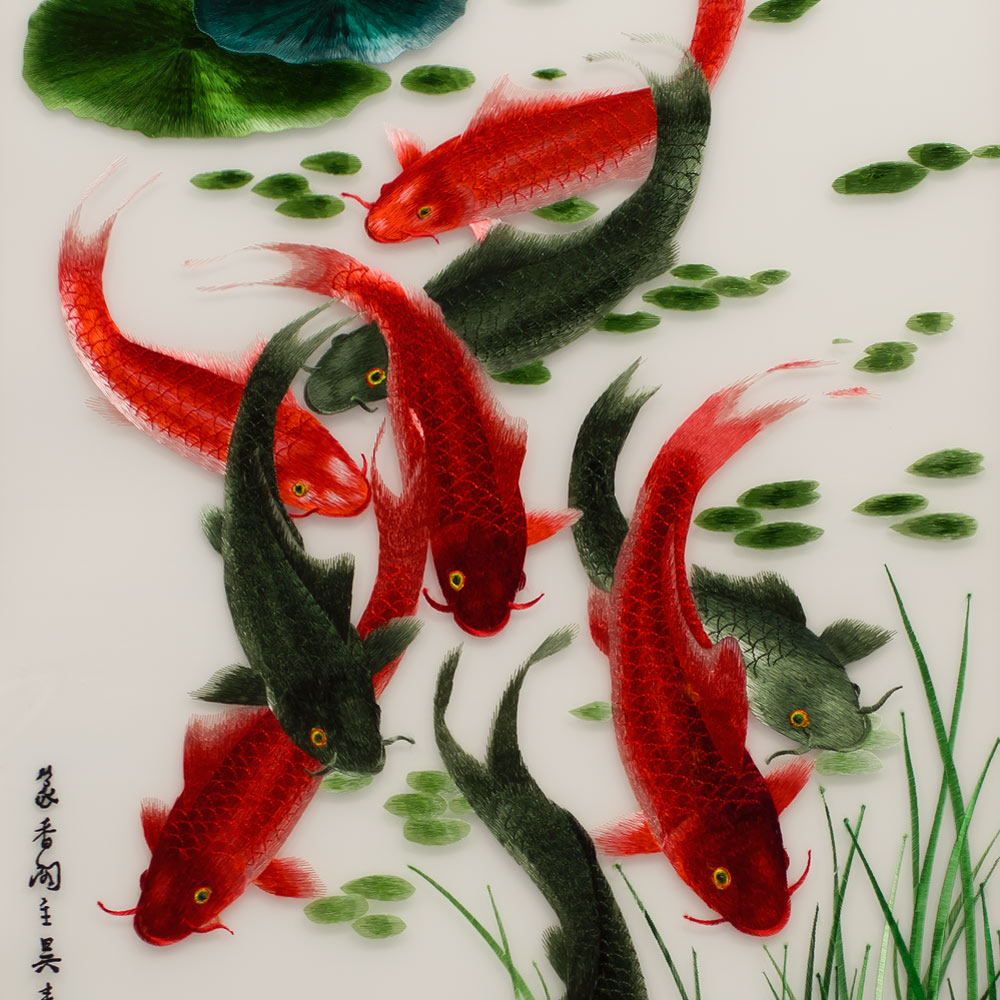 Vertical Chinese Silk Embroidery of Nine Koi Fish and Lotus Flowers