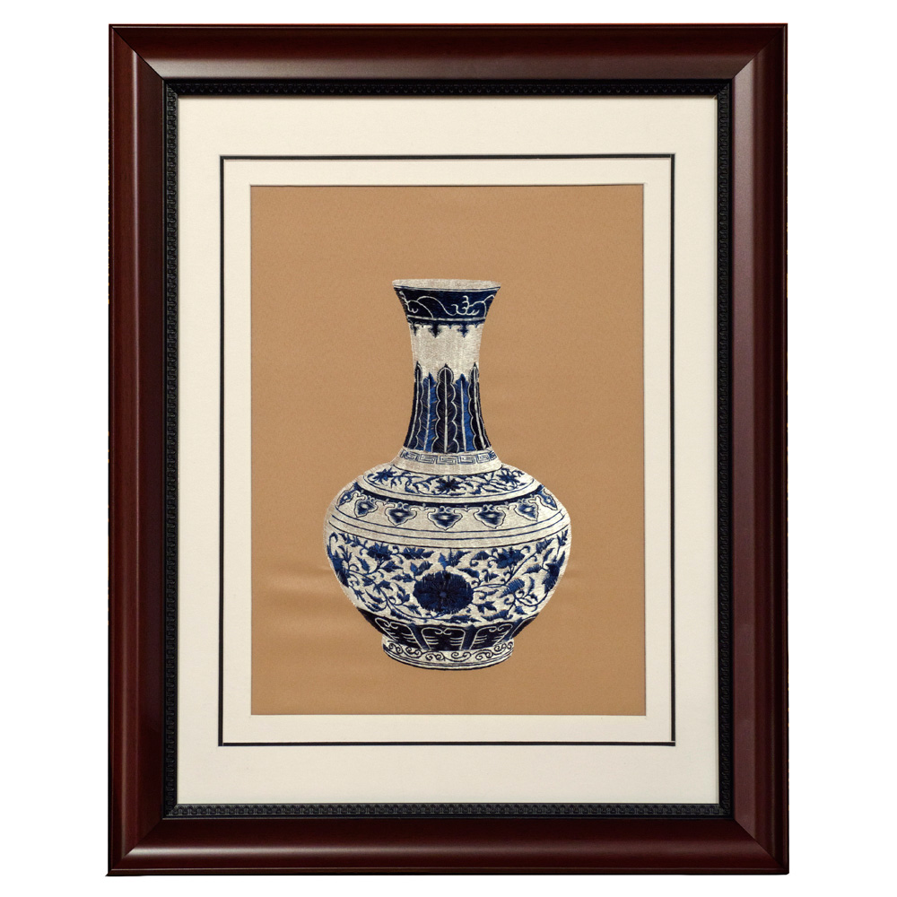 Chinese Silk Embroidery of Blue and White Ming Vase