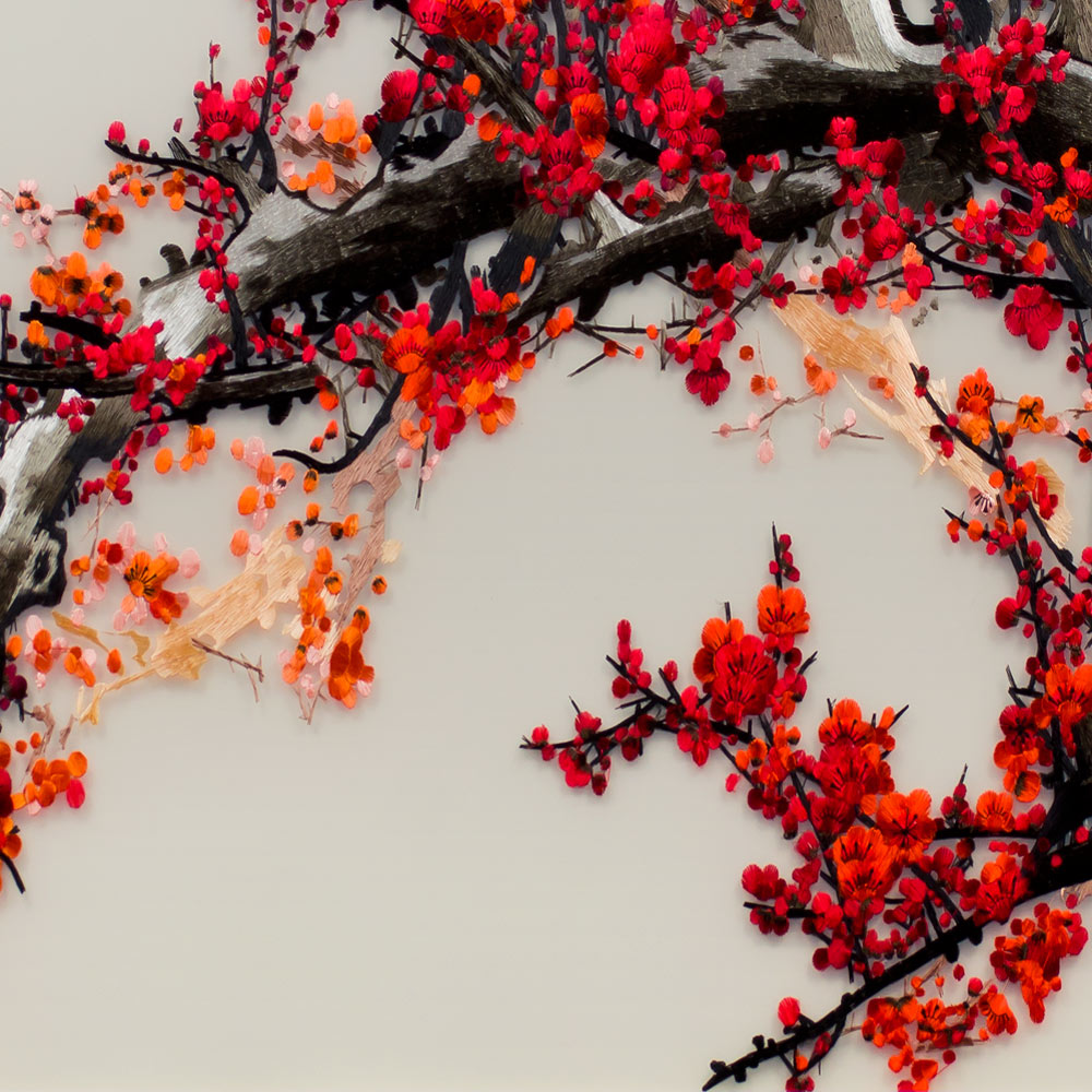 Rectangular Chinese Silk Embroidery of Red Cherry Blossom Tree