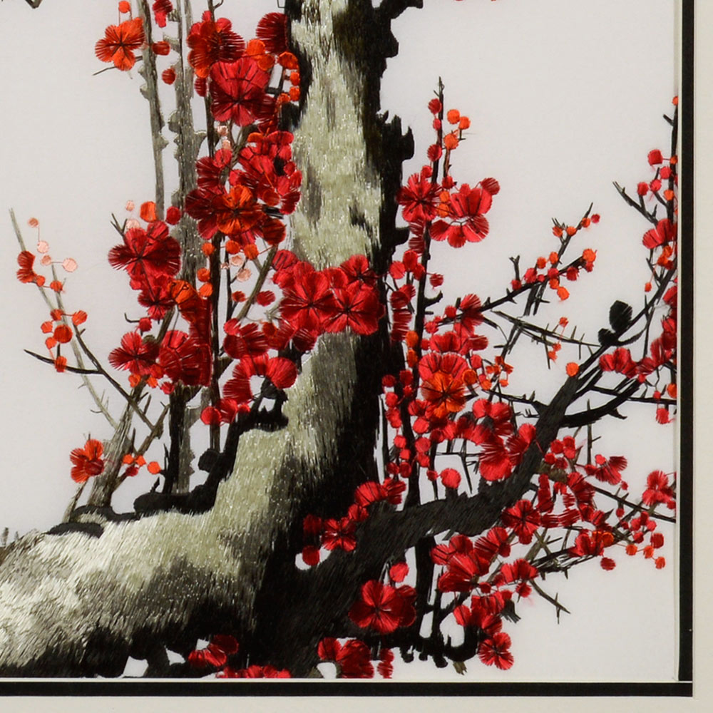 Square Chinese Silk Embroidery of Red Cherry Blossom Tree