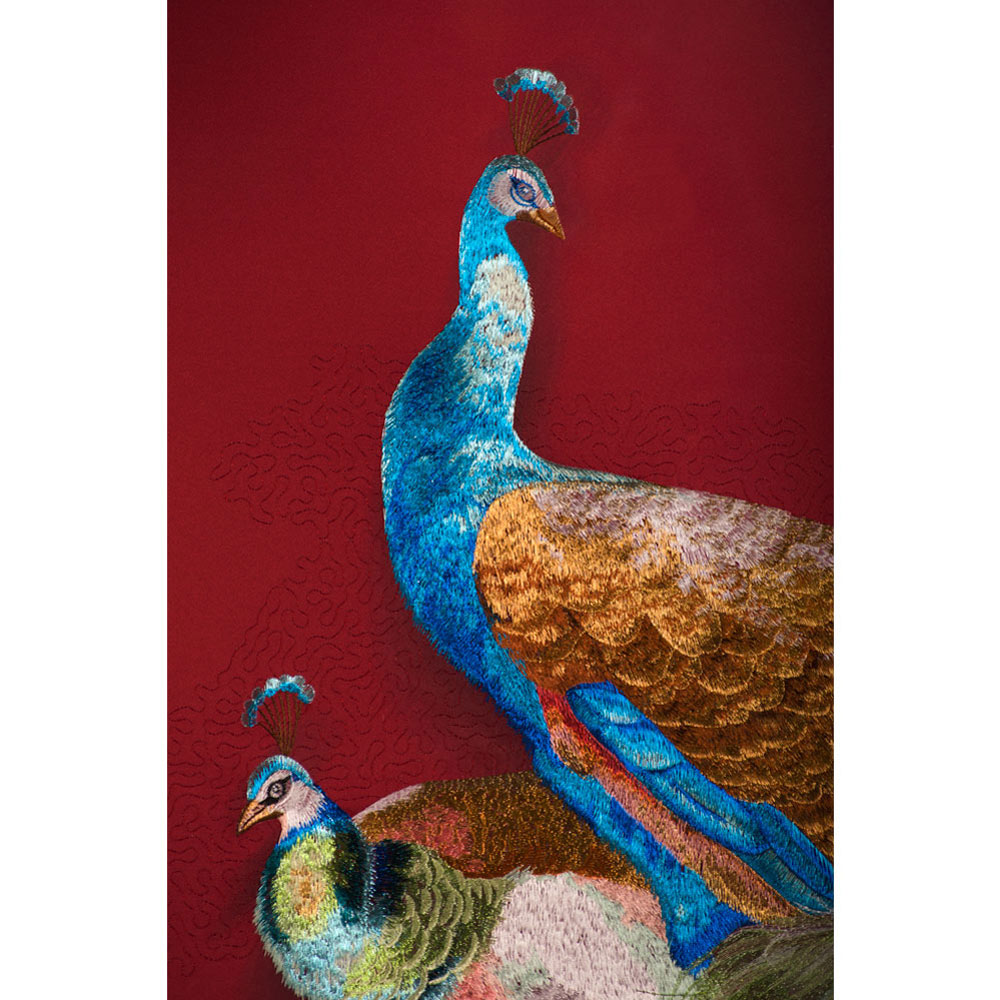 Grand Chinese Silk Embroidery of Peacocks and Peony Frame