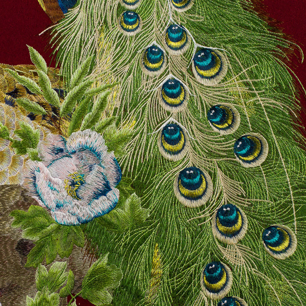 Grand Chinese Silk Embroidery of Peacocks and Peony Frame