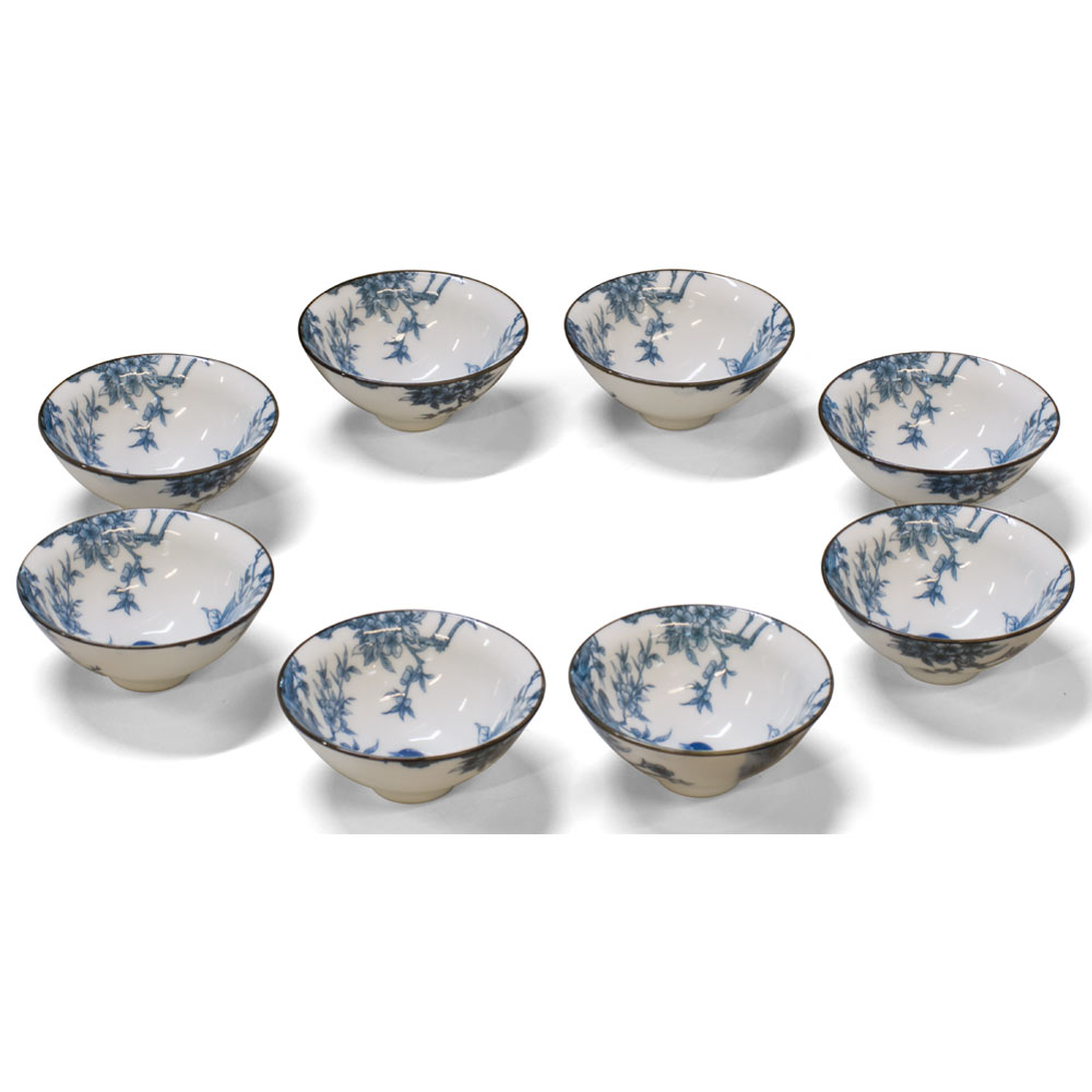Blue & White Bird and Flower Motif Chinese Porcelain Tea Cups