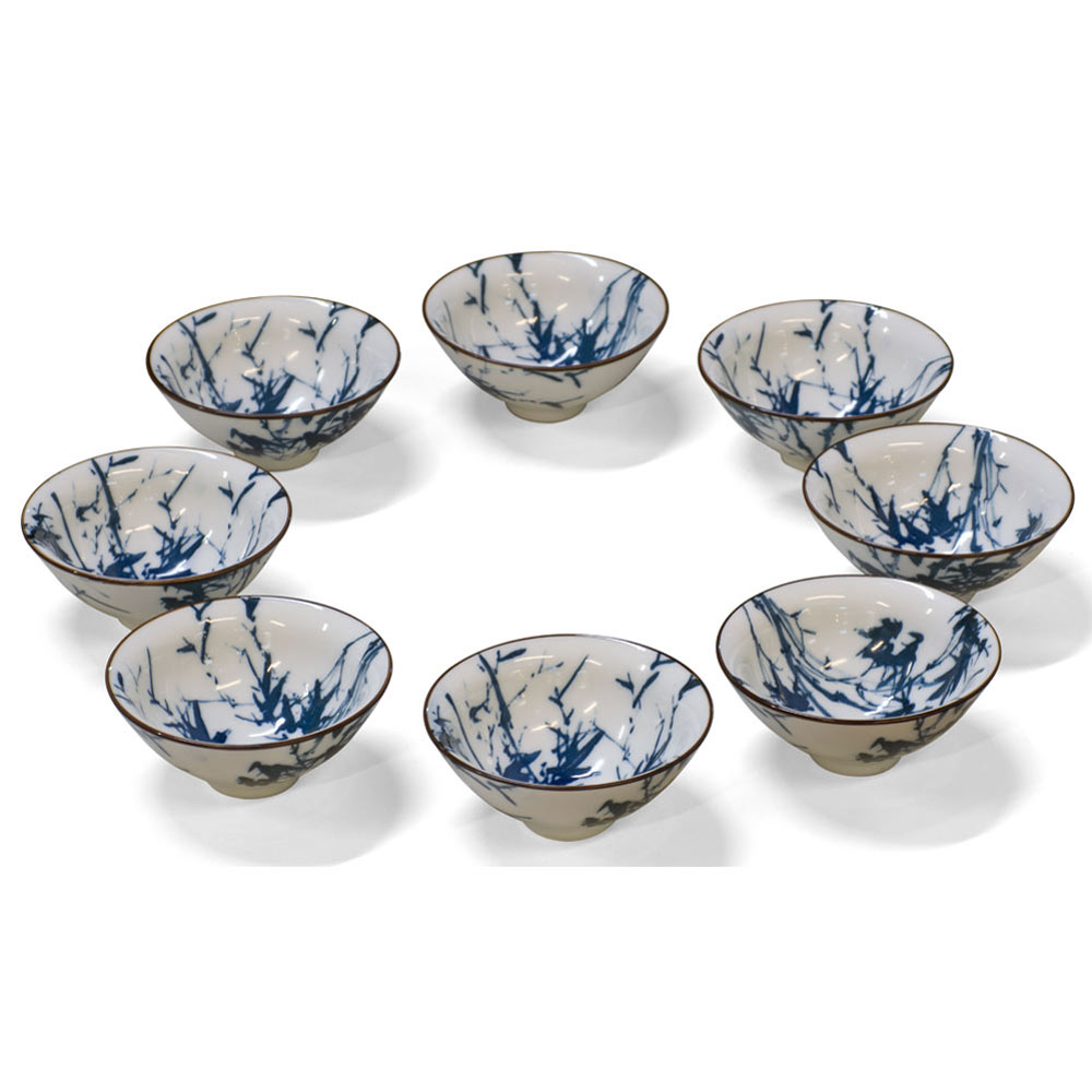 Blue & White Bamboo Motif Chinese Porcelain Tea Cups