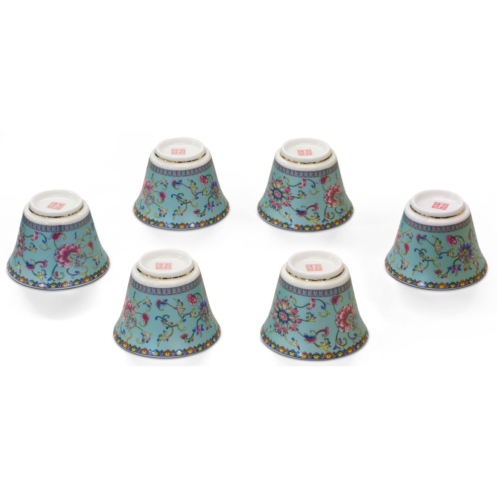 Light Teal Porcelain Chinese Floral Tea Cup Set with Gift Box