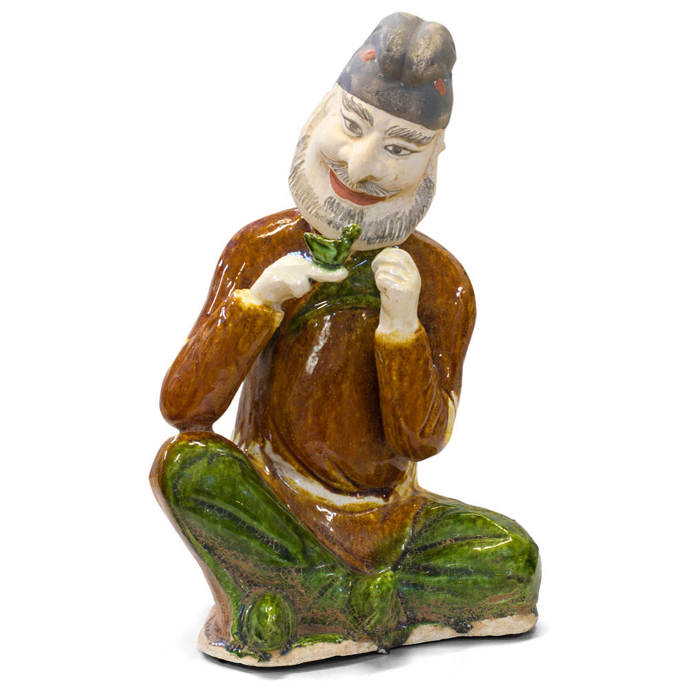 Tang Tri-Color Glazed Ceramics Sculpture of Man Holding Bird