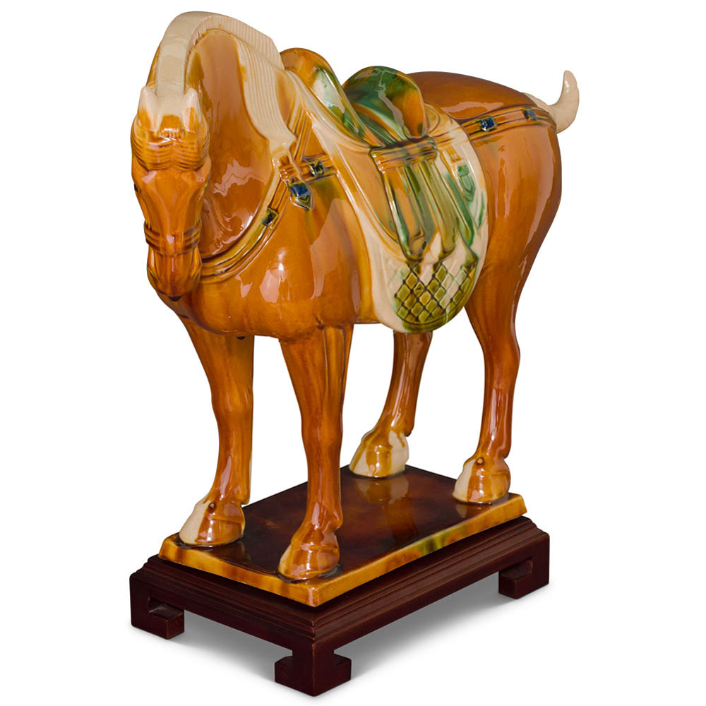 Tang Dynasty Tri-Color Glazed Ceramic Chinese Bay Horse Statue