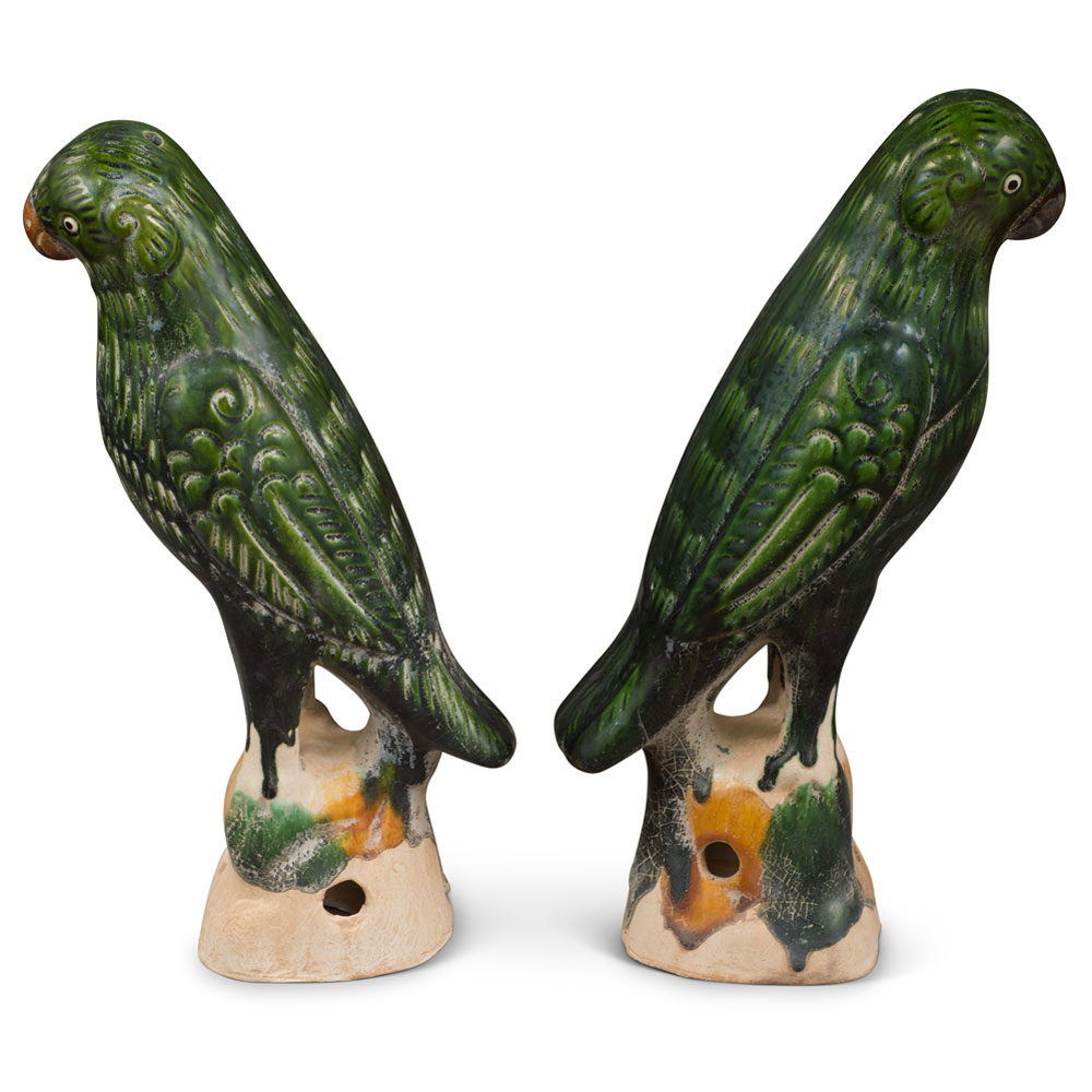 Medium Green Glazed Ceramic Standing Parrots - Set of 2
