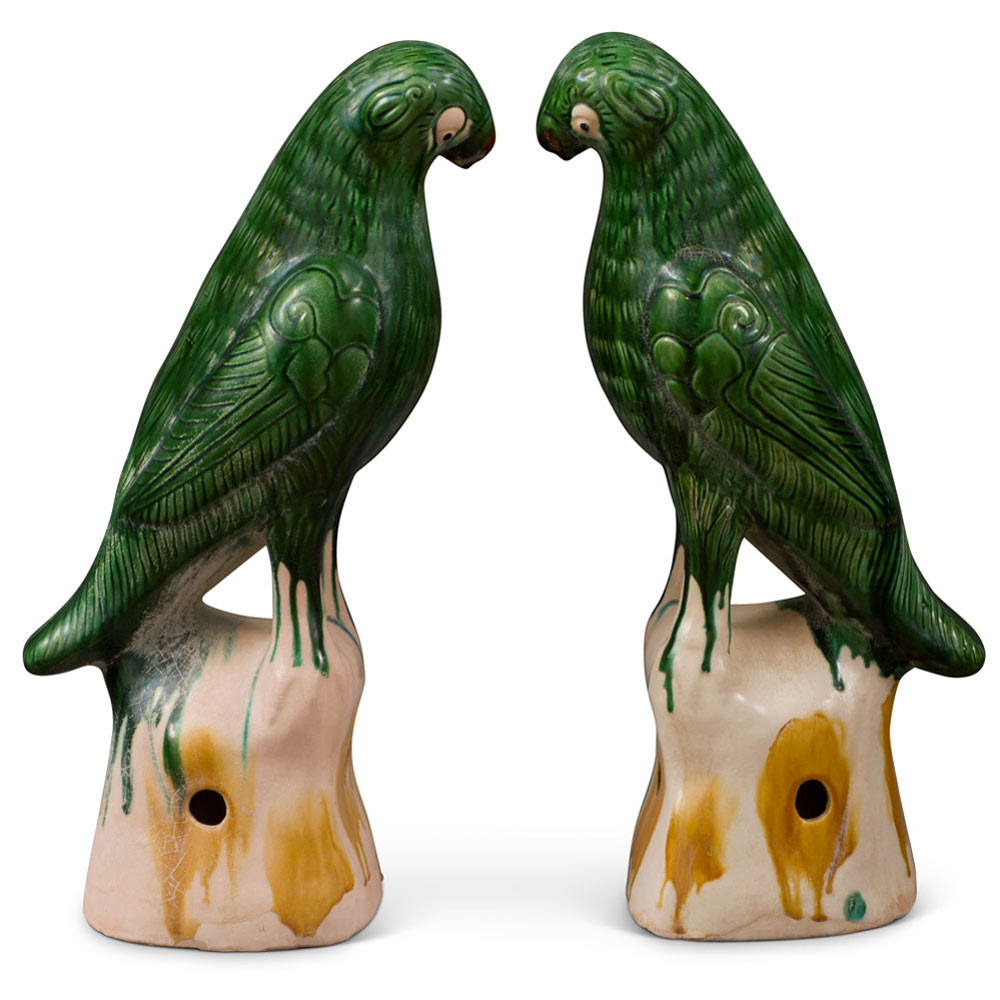 Large Green Glazed Ceramic Standing Parrots - Set of 2