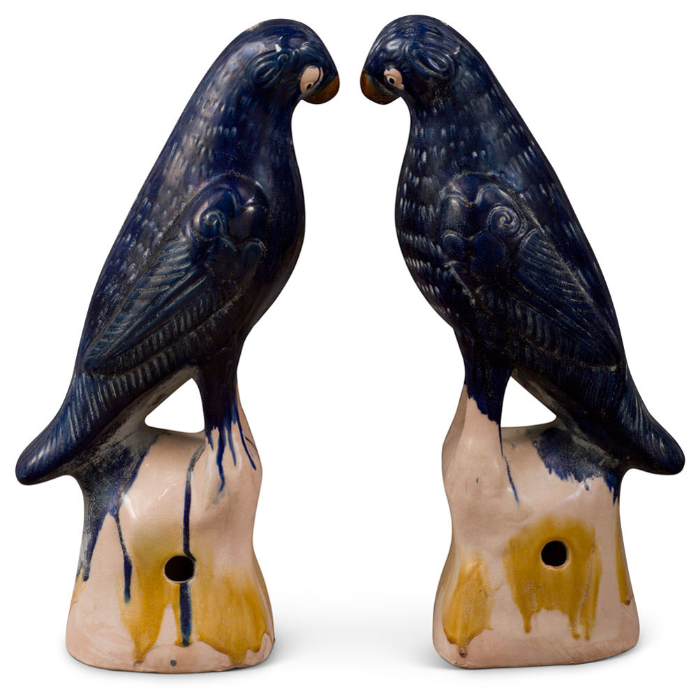 Large Blue Glazed Ceramic Standing Parrots - Set of 2