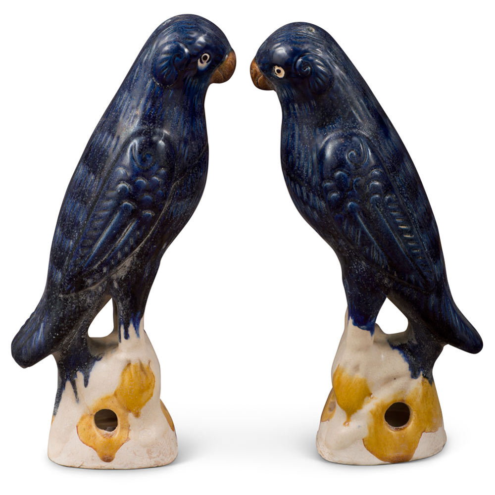 Medium Blue Glazed Ceramic Standing Parrots - Set of 2