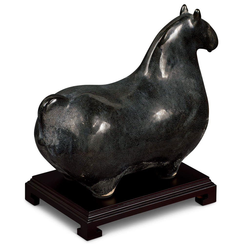 Black Crackle Tang Glazed Ceramic Sitting Horse Oriental Statue
