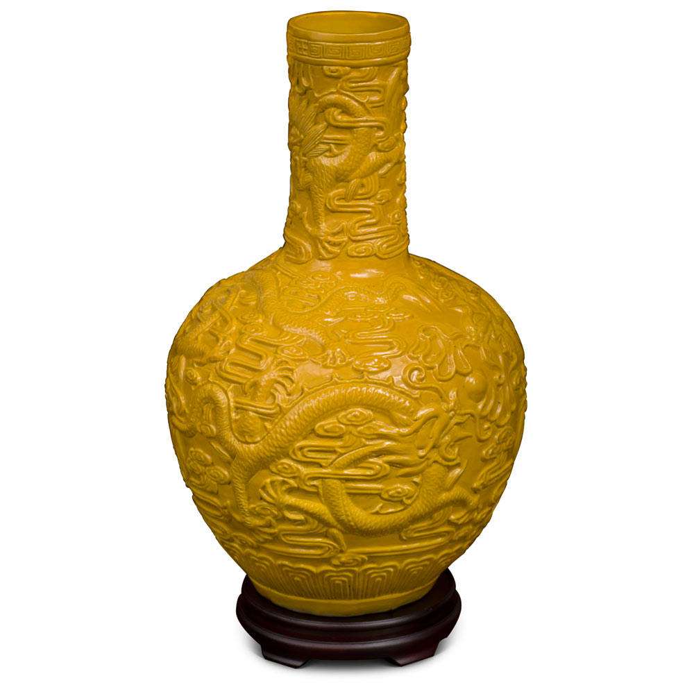 Yellow Porcelain Imperial Dragon Chinese Temple Vase