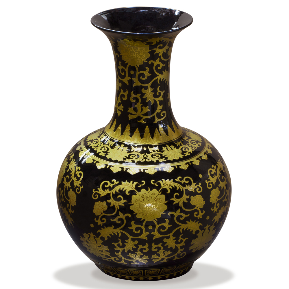 Black and Gold Porcelain Flower and Vine Chinese Temple Vase